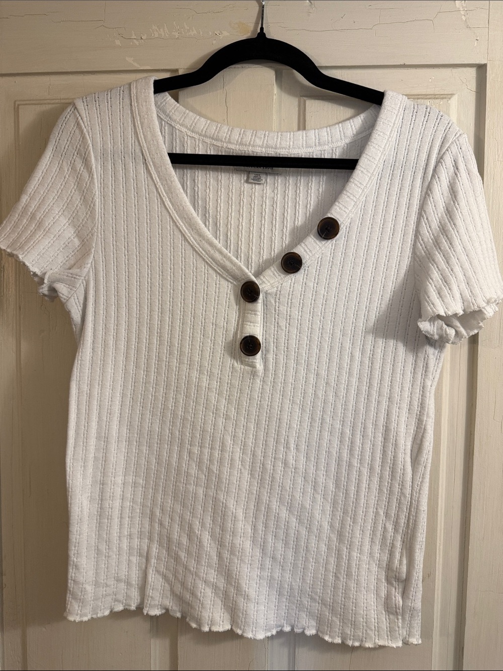 American Eagle Outfitters White Ribbed Short-Sleeve Top with Dark Button Detail